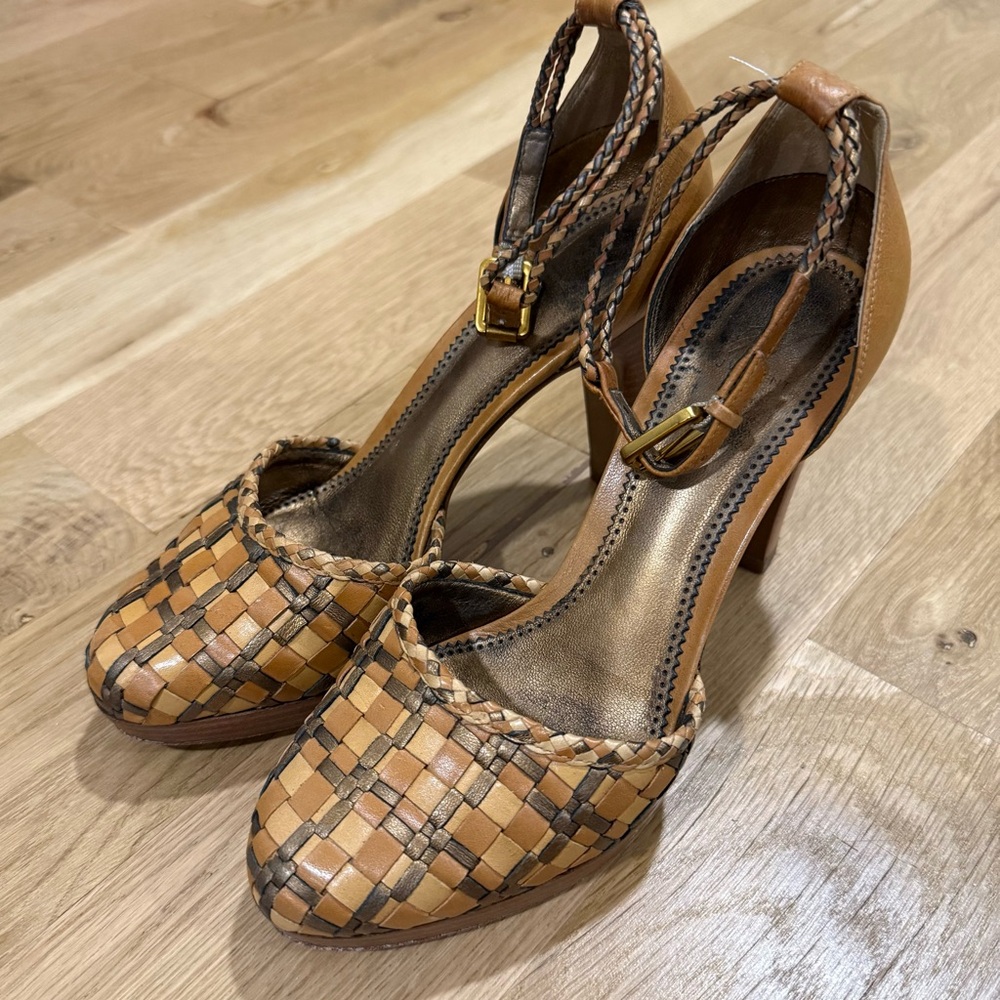 J Vincent Tan Leather Woven Platform Heels with Ankle Strap